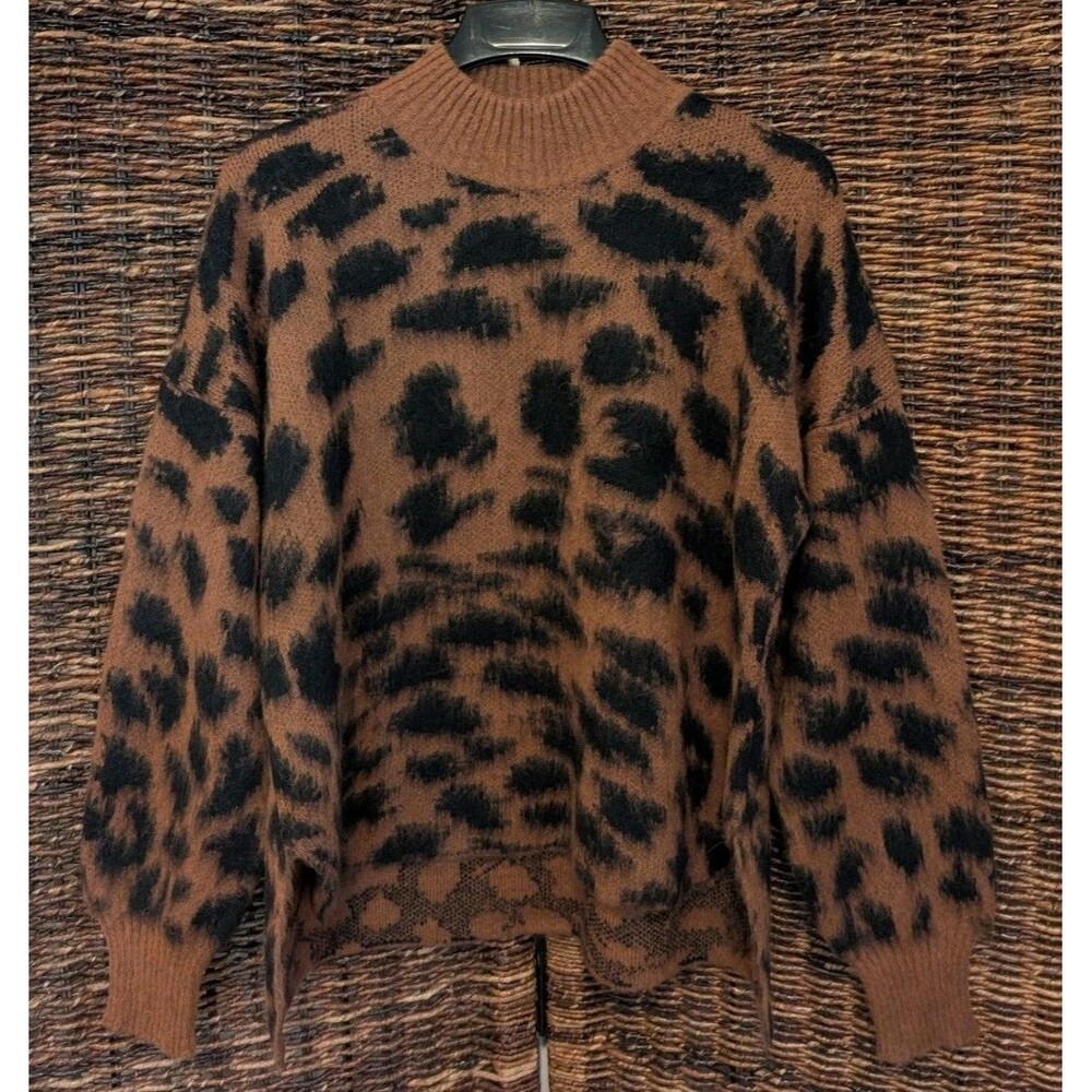 Hugo Boss Fellyna Alpaca Leopard Print Jacquard Mock Neck Sweater XXL Italy Boho